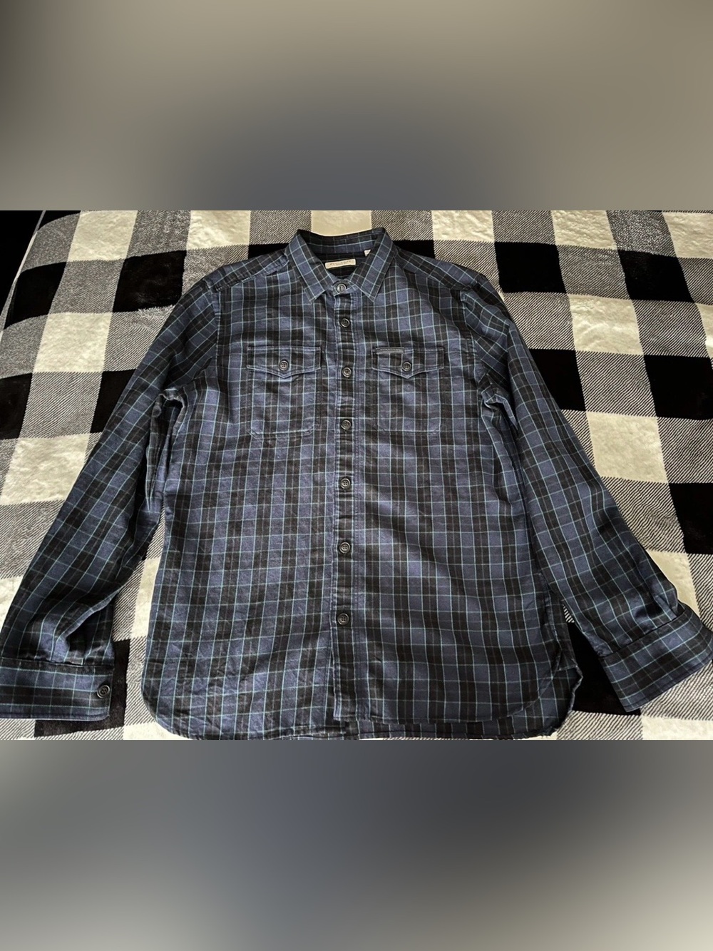 Size Large - Men's Burberry Brit Wool Blue Black Check Button Up Shirt
